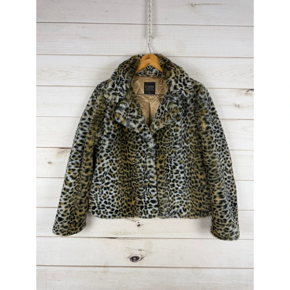 Ci Sono Jacket Womens Large Brown Black Animal Print Leopard Faux Fur